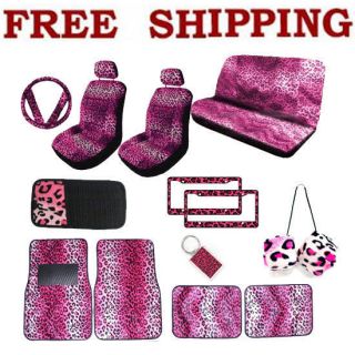 Complete Set Pink Leopard Print Front Back Seat Covers Floor Mat Dice 
