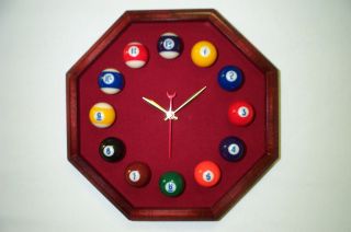 Billiard Pool Ball Clock Octagon Cherry Frame Burgundy Green Felt