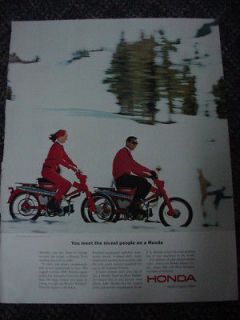 1964 Honda Trail Machine Motorcycle Bike Ad Couple in Snow on Ski 