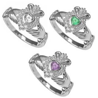 Sterling Silver Claddagh Birthstone Ring April May June Irish Made 