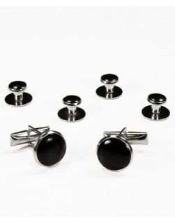 New Faux Onyx & Silver Cufflinks and Tuxedo Studs Set   Includes Pouch 