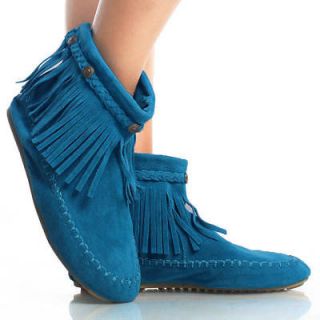 Blue Suede Comfortable Winter Fringe Women Flat Moccasin Ankle Boots 