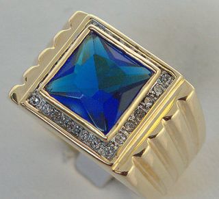 Mens BLUE SAPPHIRE simulated ring PROFESSIONAL CLASS 18K GOLD overlay 