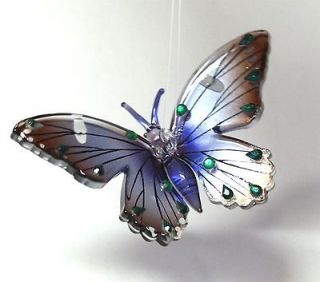 Glass Butterfly Christmas Ornament   Grey & Blue  Green Jeweled Accent