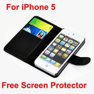 New Black iPhone 5 Credit ID Card Leather Wallet Case Cover + Screen 