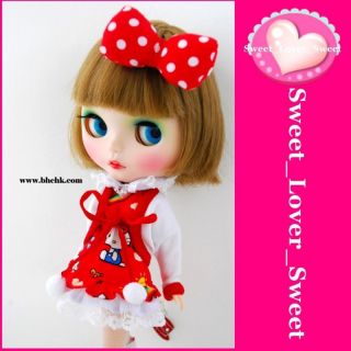 BHC Blythe Doll Outfit RED Kitty Dress Set w Clip Hair
