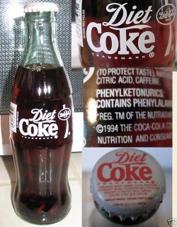 1994 FULL 8 Oz Bottle of DIET COKE 1   Hobbleskirt Glass Bottle 