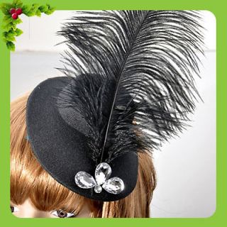 WOW fascinator hair accessory clip mini top hat feather rhinestone 