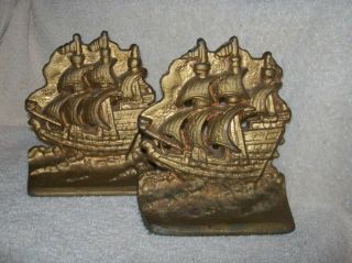 Antique Cast Iron Three Masted Sailing Ships Galleon Bookends