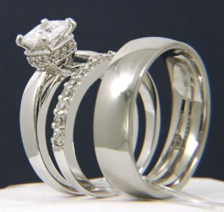   Silver CZ Stainless Steel Engagement Wedding Bridal Band Ring Sets
