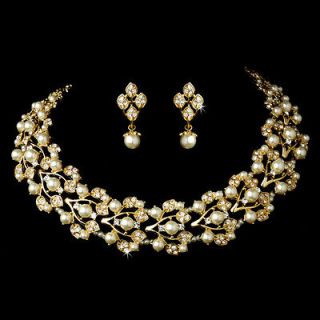 Bridal Wedding Jewelry Set Necklace Rhinestone Pearl Leaf Gold Ivory 