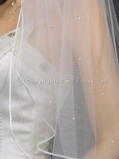   White Fingertip Scattered Rhinestones Rattail Edge Bridal Wedding Veil