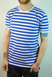 Mens Blue & White Striped Breton Retro 60s Vtg Mod T Shirt  All 
