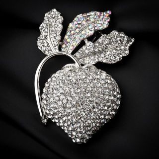 Clear Rhinestone Leaf Strawberry Brooch Pin Swarovski Crystal 18k 