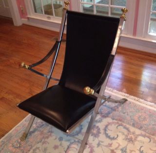 Mid Century Black Leather Brass and Steel Campaign Chair