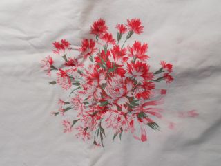 Vintage Cotton Pink Red Carnation Print Tablecloth Table Linen 1950s 