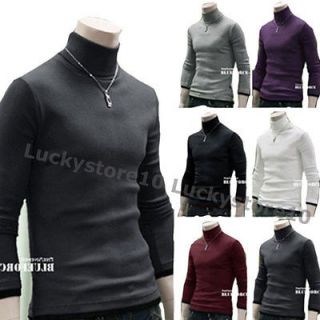 Mens Slim fit Casual Long Sleeve Solid Color High Necked Sweater T 