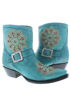 WOMENS LADIES TURQUOISE SHORT LEATHER ANKLE COWBOY BOOTS WESTERN 