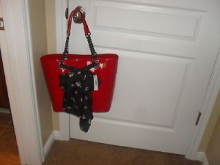 DKNY DONNA KARAN RED PATENT LEATHER CHAIN STRAP SCARF SHOPPER TOTE 