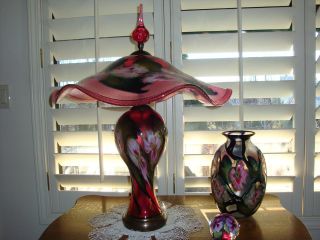 Charles Lotton Gold Ruby Multi flora Table Lamp   Signed and Dated 