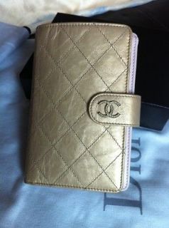 AUTH Chanel L Zip Pocket Gold Large CC Crystal Buckle Quilted Wallet 