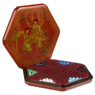 CHINESE CHECKERS Halma Marble Game Set w/ Leather Box Case