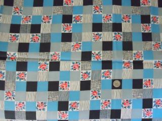   Novelty Quilt Fabric Pink Roses Blue Black Checker Board Print 36