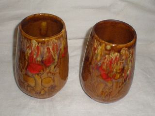 CHEROKEE POTTERY 5 H TUMBLERS GOLD & RED W/ MUSHROOMS