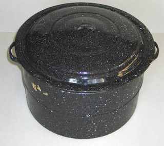 Large 16 Vintage Black White Enamelware Canning Kettle w Lid Rack 