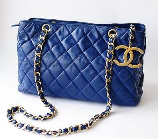 Auth Chanel blue lamb CC logo quilted tote shoulder bag handbag purse 
