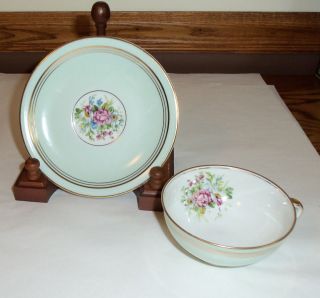 Antique Limoges Charles Ahrenfeldt Green Cup & Saucer with Pink Roses 