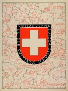 1931 A.A. Haas Lithograph Mini Poster Travel Ad Switzerland Coat of 
