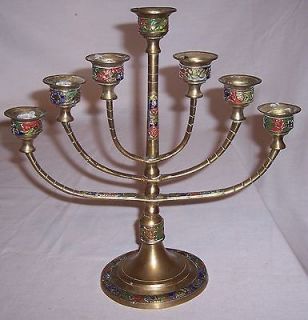   brass Menorah with unusual hand painted enamel over Chinese symbols