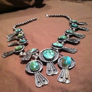 Rare Antique Navajo Sterling Silver Turquoise Squash Blossom Necklace 