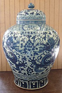 Large Ming Blue Dragon Design Chinese Porcelain Ginger Jar Vase 21H