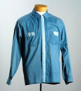 VTG 50s Blue Loop Collar Mens Shirt Long Sleeve Details Rockabilly 