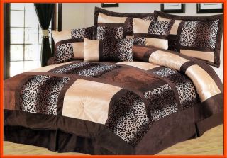 11 Pc Micro Fur Leopard Patchwork Comforter Set+Window Curtain Queen 