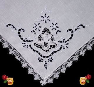 Vintage Embroidered Needlelace Hankie Wedding Handkerchief Filet Lace 