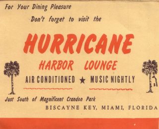 1960 Hurricane Harbor Lounge Key Biscayne Unused Fold Out Vintage 