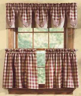 Park Designs York Country Cottage Wine and Tan Check Curtain Tiers 