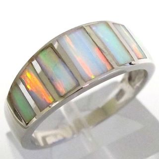 UNUSUAL WHITE GREEN FIRE OPAL 925 STERLING SILVER RING SIZE 9