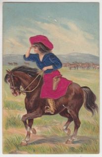 Postcard Old West   Cowgirl on Horse Scouting   embossed, c.1900