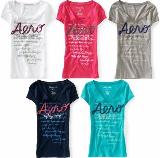AEROPOSTALE WOMENS V NECK T SHIRT EMBROIDERED RIBBON LOGO TOP NWT XS S 