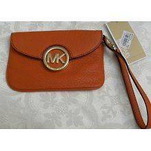 Brand New Michael Kors Leather Fulton MK Flat Wristlet Bag Tangerine 