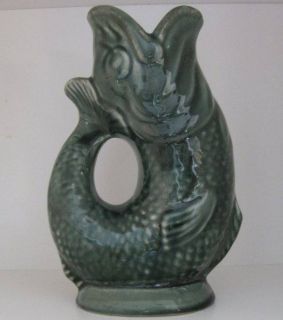 Vtg Green Majolica Pottery drinking fish jug pitcher gluggle 6