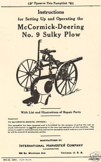 McCormick Deering No 9 Sulky Plow IHC Manual