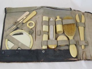 Vintage 12 Piece Bakelite and Celluloid Vanity Travel Kit with Leather 