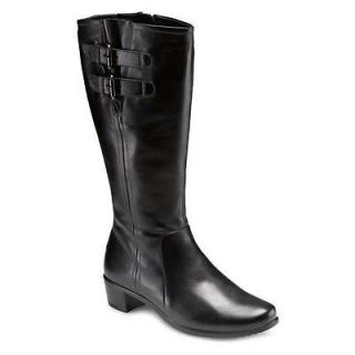 Ecco Womens Pearl GTX Black Casual Leather Tall Boots Buckle Low Heel