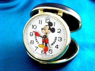 NEW VINTAGE CLAM SHELL BRADLEY MICKEY MOUSE MECHANICAL TRAVEL ALARM 