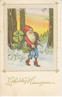Gnome dwarf with large horse shoe happy new year artist postcard